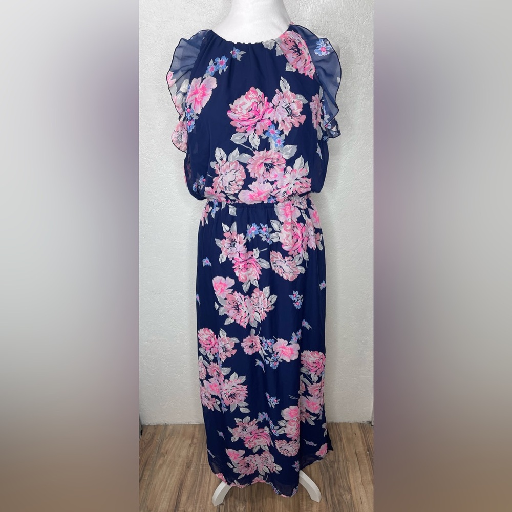 Navy Pink Floral Chiffon Maxi Dress Romantic Cottagecore Spring Wedding Guest Md - Picture 4 of 14